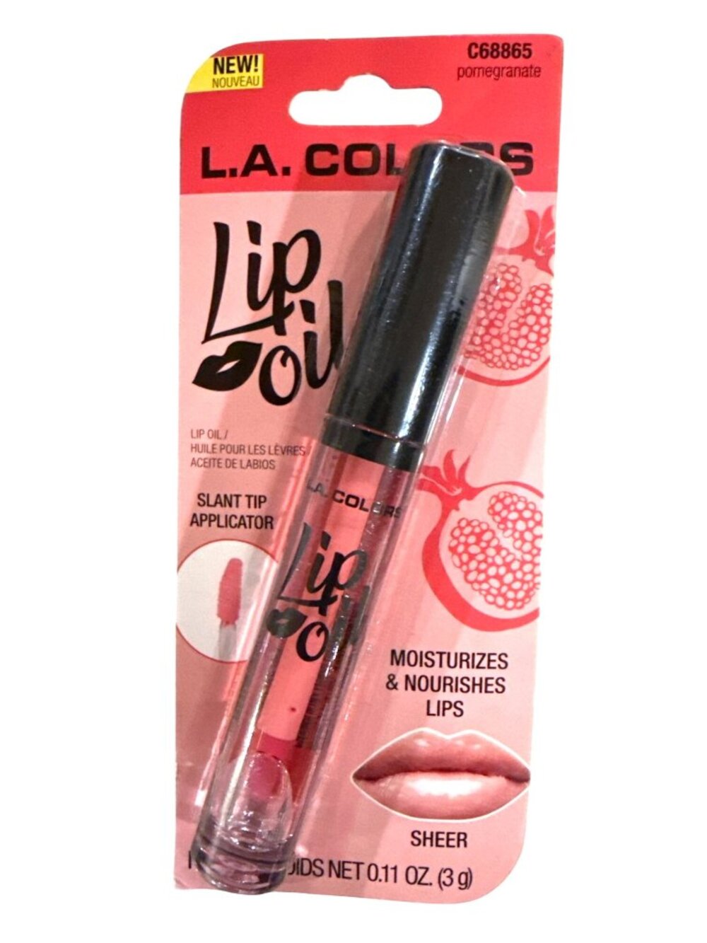 L.A. COLORS Lip Oil Gloss C68865 POMEGRANATE Slant Tip Moisturizes & Nourishes